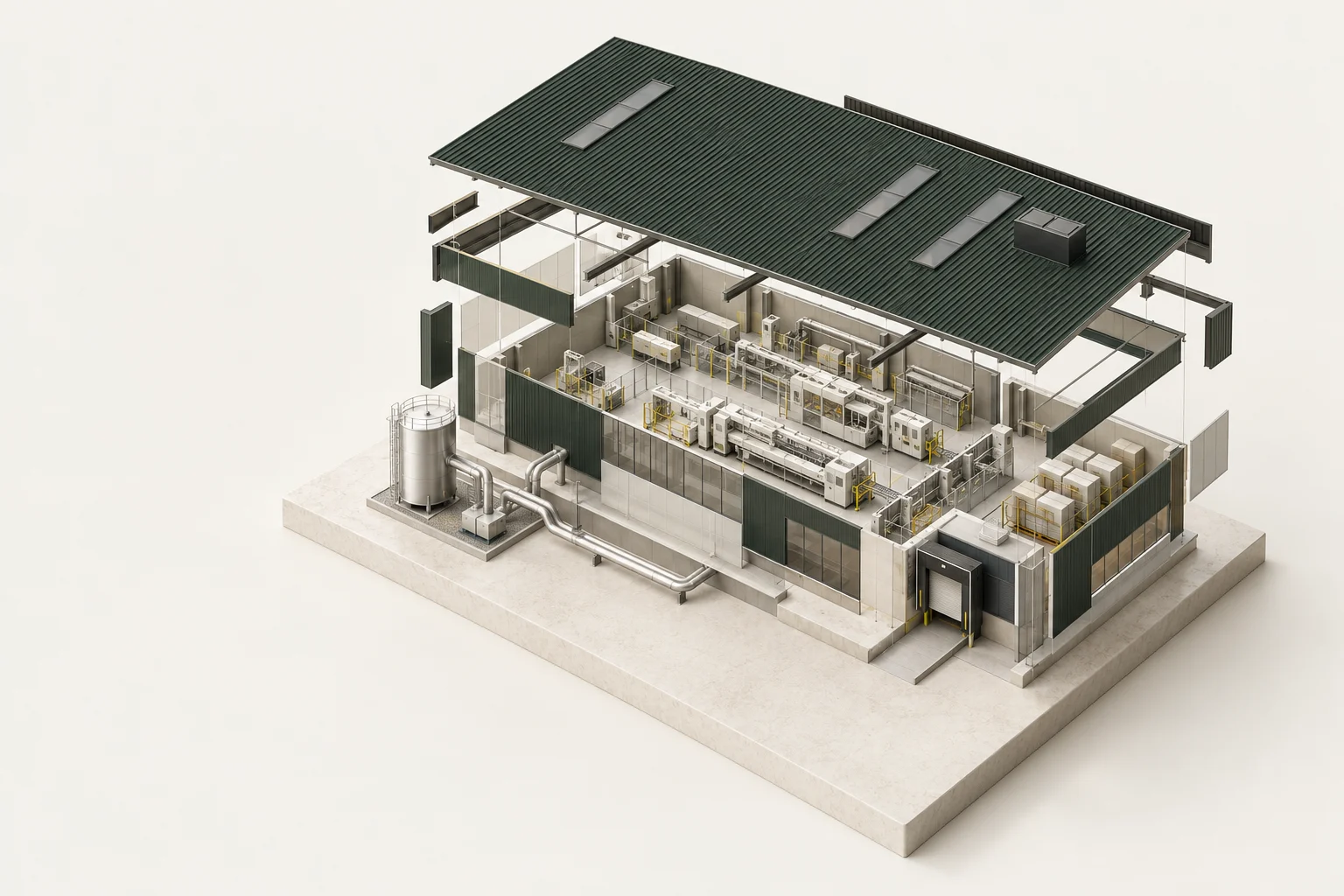 Conceptual architectural model with its factory roof and walls lifted to reveal utility equipment, production lines and material storage.